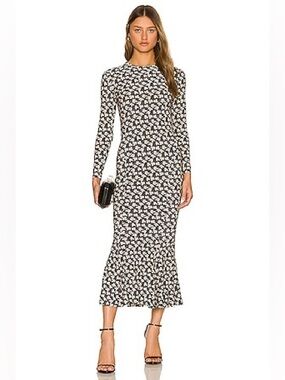 Norma Kamali Long Sleeve Crew Fishtail Dress in Vintage Baby Leaves Print Small